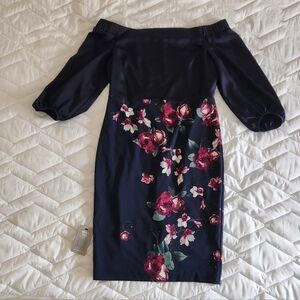 Le Chateau Navy and Pink Floral Off-shoulder Dress